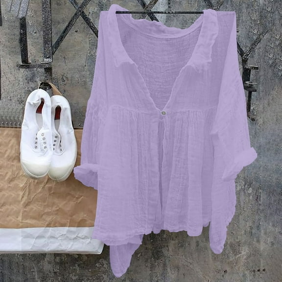 Purple Womens Summer Tops Women's Casual Solid Color Cotton And Linen Lapel Single Shirt 3/4 Sleeved Shirt Shirts for Women