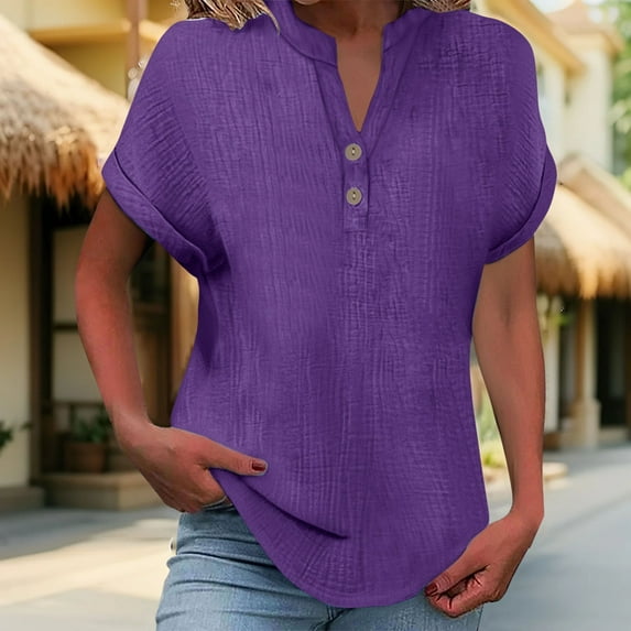 Purple Womens Summer Tops Women's Fashionable and Casual Solid Color V Neck Wrinkle Cloth Button Short Sleeve Rolled Up T Shirt Top Going Out Tops for Women