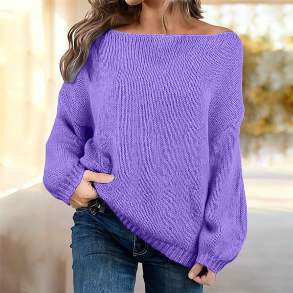 Purple Womens Sweaters Womens Sweater Oversized Roll Neck Cotton Long Sleeve Casual Soft Chunky Sweaters Crochet Knit Pullover Tops Fall Outfits for Women 2025