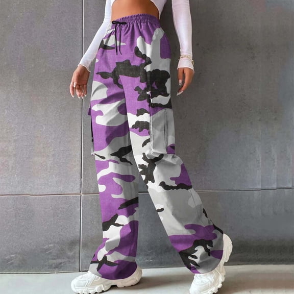 Purple Womens Sweatpants Women's Casual Camouflage Print Cargo Pants Drawstring Stretch Elastic Waist Tapered Pants with Pockets Casual Pants Women