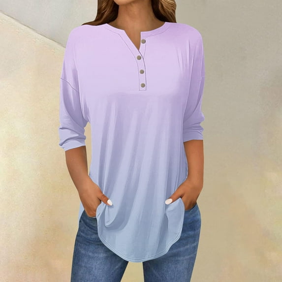 Purple Womens Tops 3/4 Length Sleeve Womens Tops 2025 Spring Neck Casual Print Tunic T Shirts Three Quarter Length Womens Tops Shirts for Women