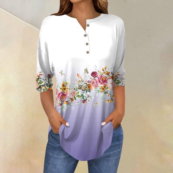 Purple Womens Tops 3/4 Length Sleeve Womens Tops 2025 Spring Neck Casual Print Tunic T Shirts Three Quarter Length Womens Tops Shirts for Women