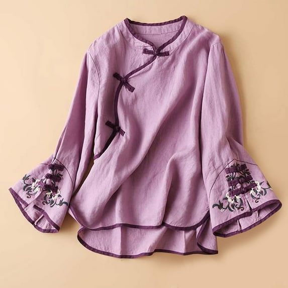 Purple Womens Tops Chinese Traditional Suit Blouse Women Embroidery Cotton Linen Bell Long Sleeve Shirts Frog Button Tops Cheongsam Going Out Tops for Women