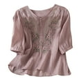 thumbnail image 1 of Purple Womens Tops Floral Embroidered Tops Cotton Linen Shirts Boho Ethnic Style Tee Women 3/4 Sleeve V Neck Tunic Tshirt Shirts for Women, 1 of 4