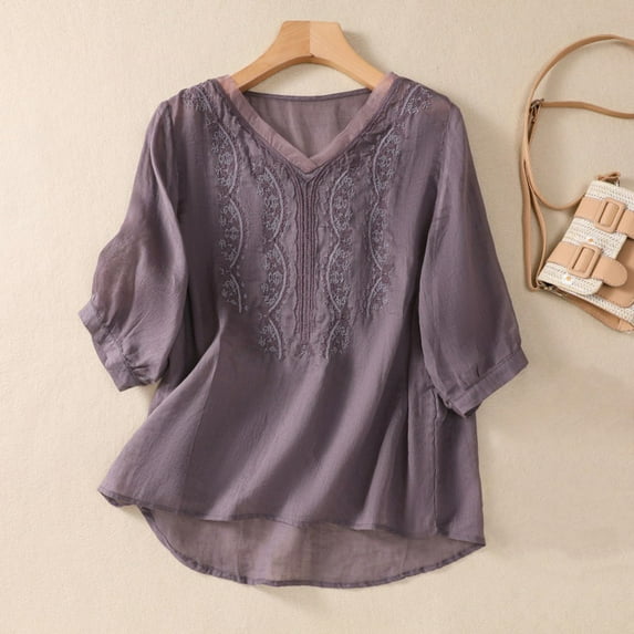 Purple Womens Tops Floral Tops Cotton Linen Shirts Boho Ethnic Style Tee Women 3/4 Sleeve V Neck Button Tunic Tshirt Shirts for Women