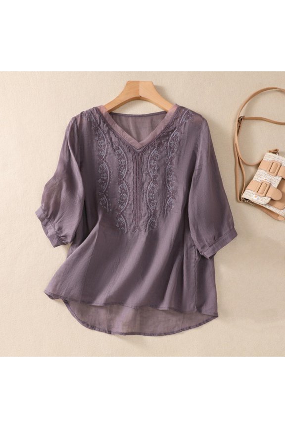 Purple Womens Tops Floral Tops Cotton Linen Shirts Boho Ethnic Style Tee Women 3/4 Sleeve V Neck Button Tunic Tshirt Shirts for Women