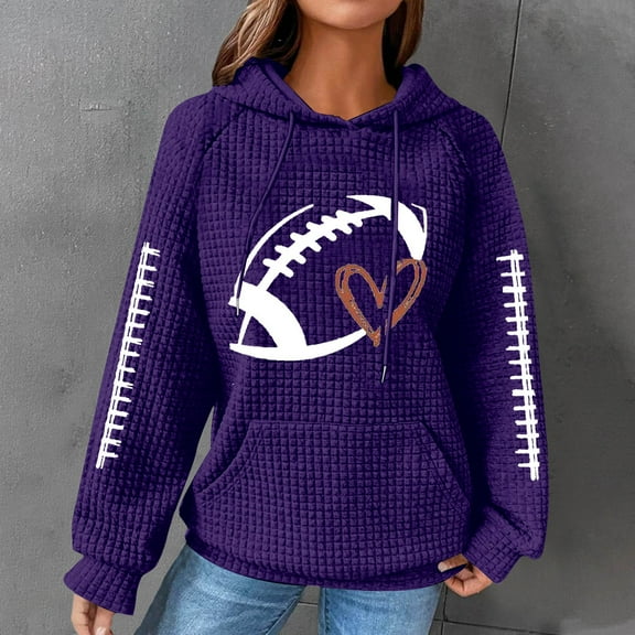 Purple Womens Tops Knit Hoodie Women's Sweatshirt Football Graphic Long Sleeve Sweater Football Season Pullover Fall Outfits for Women 2025