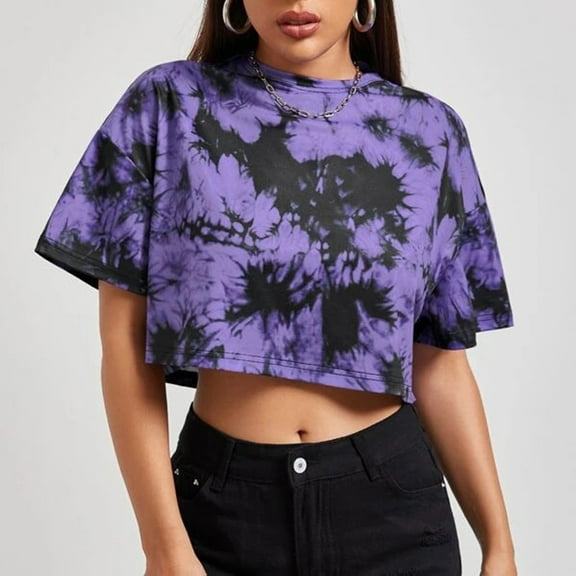 Purple Womens Tops Ladies Blouses Round Neck T Shirts Tie Dye Trendy Printed Tee Comfy Clothes Casual Shirt Tops Going Out Tops for Women