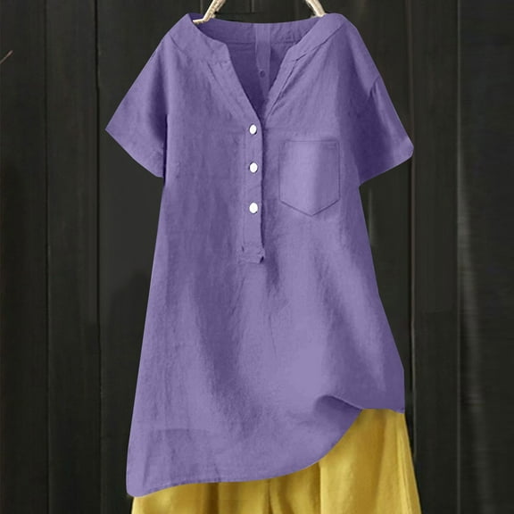 Purple Womens Tops Linen Blouse Summer Beach Short Sleeve V Neck Button Down Top Casual Tunic Loose Shirt 2025 Shirts for Women