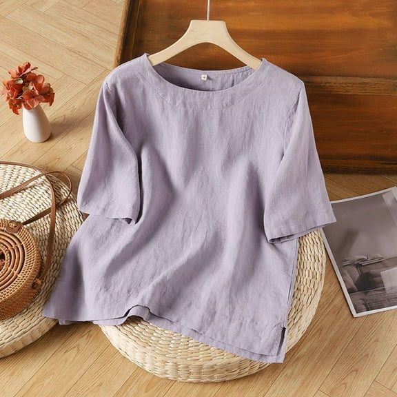 Purple Womens Tops Linen Shirts for Women 2025 Summer Tops Short Sleeve Loose Crewneck Tunic Tees Casual Blouse Shirts for Women