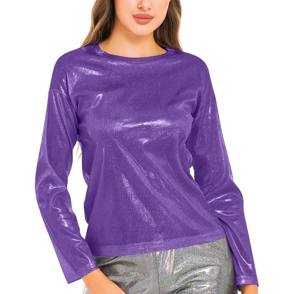 Purple Womens Tops Solid Color Reflective Shiny Metallic Round Neck Long Sleeve Top T Shirt Going Out Tops for Women