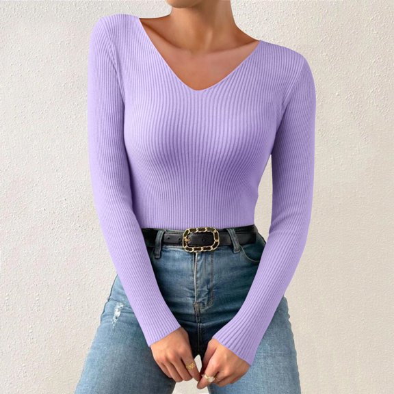 Purple Womens Tops Women Autumn and Winter V Neck Casual Knitted Long Sleeved Pullover Thermal Top Going Out Tops for Women