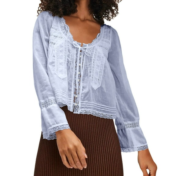 Purple Womens Tops Women Long Sleeve Lace Blouse Tops Vacation Front Tie Solid Elegant Tops Shirts for Women