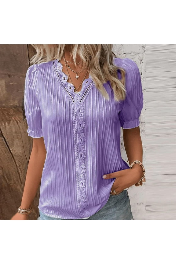 Purple Womens Tops Women Summer Lace V Neck Plain Lace Elegant Shirt Fashion Solid Color Elegant Blouse Short Sleeve Comfy Soft Tee Going Out Tops for Women