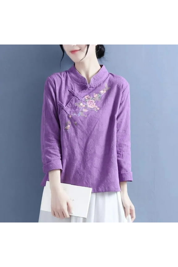 Purple Womens Tops Women's Large Size Cotton and Linen Stand Up Collar Disc Buckle Embroidered Long Sleeve Literary Vintage Blouse Going Out Tops for Women