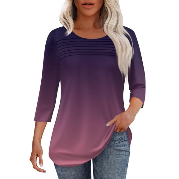 Purple Womens Tops Womens 3/4 Length Sleeve Tops Casual Summer Pleated Front T Shirts Round Neck Business Work Tunic Blouses Shirts for Women