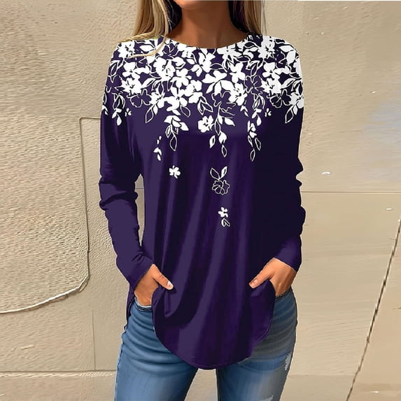 Purple Womens Tops Womens Blouses Dressy Casual Fall Hippie Tshirts Shirts Long Sleeve Cute Tops Floral Tunics Tops Crew Neck Sweatshirts Shirts for Women