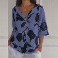 thumbnail image 1 of Purple Womens Tops Womens Cotton Linen Tshirt Tops Summer Casual Loose Fit Blouse Tunic Floral Print Button V Neck Short Sleeve Tops Going Out Tops for Women, 1 of 4