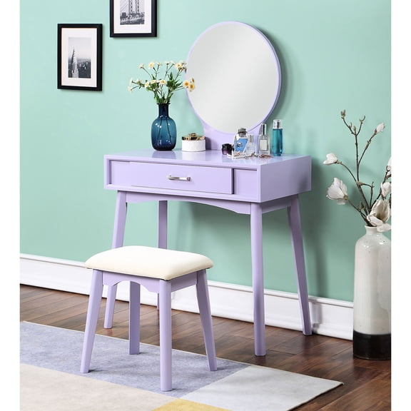 Purple Wood Vanity Stool Set | Used in Home for Makeup Preparation and Extra Seating | Made of Solid Rubberwood and MDF | Solves Makeup Storage and Placement Problem