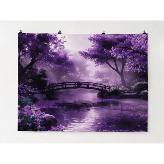 Purple Woodland Bridge and Stream Printed Backdrop, 210 x 150 cm