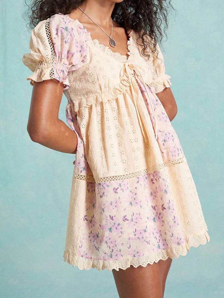 purple flowy mini dress /// Purple Y2K Puff Sleeve Babydoll Sundress With Floral Print V-Neck Bow Tie Front Flowy Mini Dress, Women's, Size: Large
