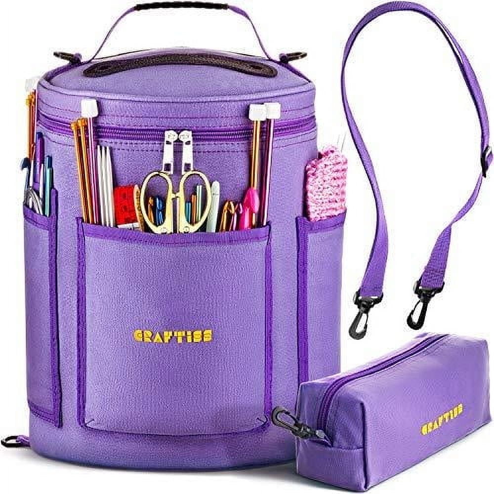 Craftiss Yarn Storage Bag - Purple Tote Yarn Bag, Durable Knitting and Crochet Organizer with Needle Case