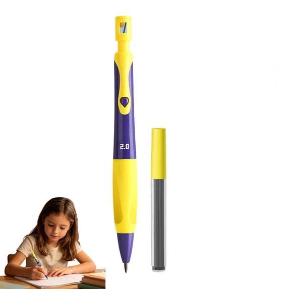 Purple Yellow 2.0mm Mechanical Pencil With Grip, Ergonomic Beginner Pencil With Sharpener And HB Leads For Handwriting Drawing