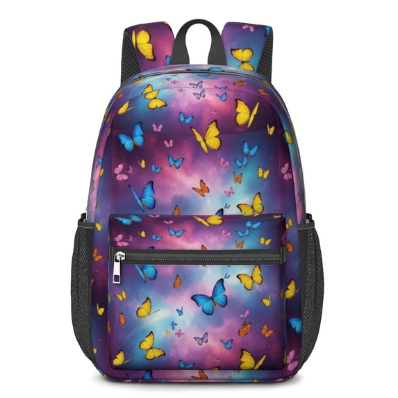 Purple Yellow Blue Butterfly Pattern 17" Waterproof Oxford School Backpacks for Teens, S-Shape Padded Straps, for School, Travel, Hiking, Camping
