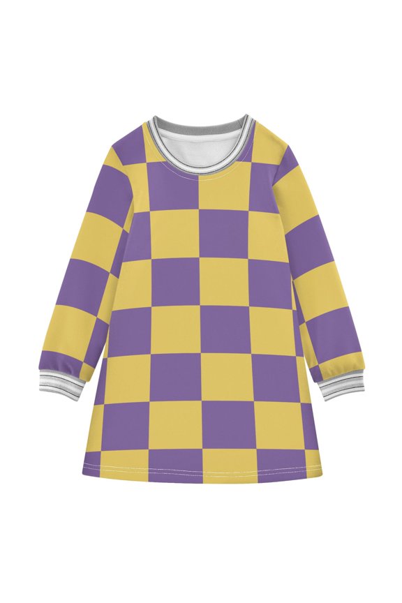 Purple Yellow Checked Pattern Girls'long-sleeved dress Thickened A-dress Warm Dress Basic Shirt Party Dresses
