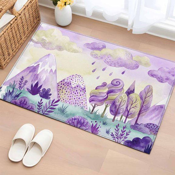 Purple Yellow Clouds 2'x3' Rug for Entryway Front Door Kitchen Sink Area, Abstract Tree Green Grassland Mountain Low Pile Non Slip Rectangle Area Rug, Machine Washable Indoor Outdoor Mat