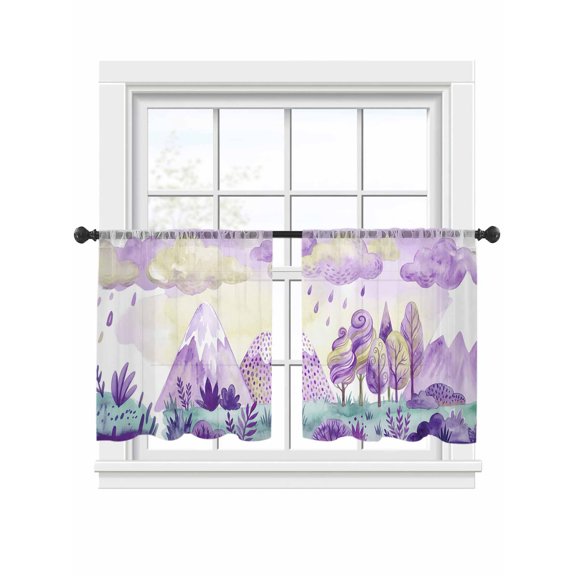 Purple Yellow Clouds Sheer Curtains 2 Panels Set Abstract Tree Green Grassland Mountain Sheer Window Curtains Light Filtering Rod Pocket Voile Drapes for Bedroom Living Room 52"x54"