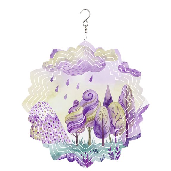 Purple Yellow Clouds Wind Spinner for Garden Yard 8In, Abstract Tree Green Grassland Mountain 3D Stainless Steel Kinetic Hanging Wind Spinners Rustproof Outdoor Decor for Lawn Patio Home