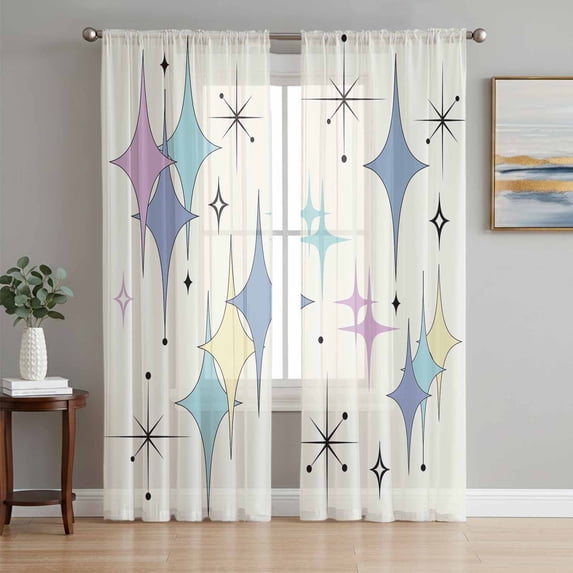 Purple Yellow Diamond Sheer Curtains 96 Inch Length 2 Panels Set Window Treatments, Modern Geometric Middle Century Rod Pocket Semi Curtains for Living Room/Bedroom/Kitchen Décor, 104"W x 96"L