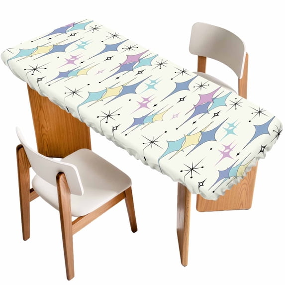 Purple Yellow Diamond Table Cloths for 8 Foot Rectangle Tables, Modern Geometric Middle Century Patio Waterproof Elastic Fitted Tablecloths, Washable Rectangular Table Cover for Camping