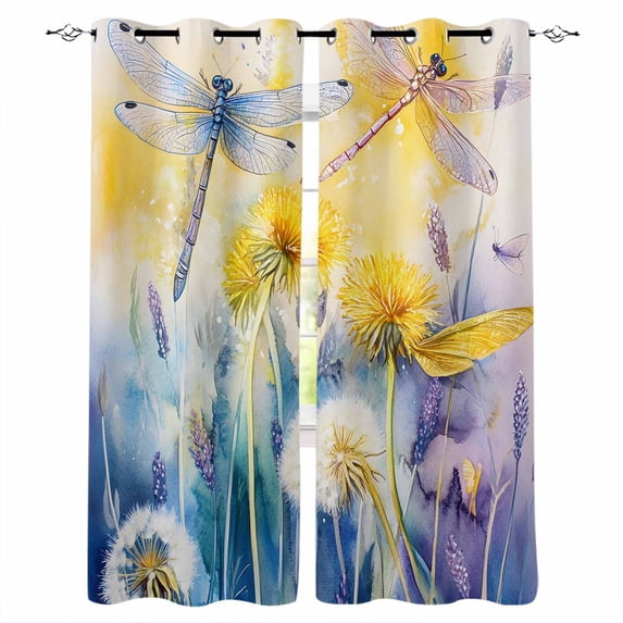 Purple Yellow Dragonfly Blackout Curtains for Bedroom Living Room Darkening Curtains 54 Inch Long Watercolor Spring Flowers Short Curtain for Small Window Treatment Insulated Grommet Drapes 52"x54"x2