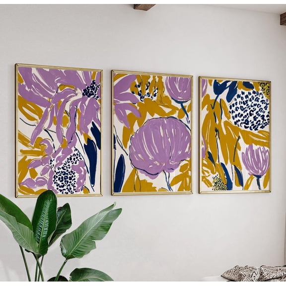 Purple Yellow Floral Abstract Flower Triptych Botanical Decor Art Set 3 Stretched Canvas 8x12