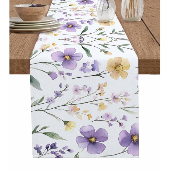 Purple Yellow Floral Burlap Cotton Table Runner 16x72 Inches Long, Spring Watercolor Pastoral Botanical Farmhouse Table Runners, Outdoor Dining Tablecloths Decor for Baby Shower/Party/Wedding