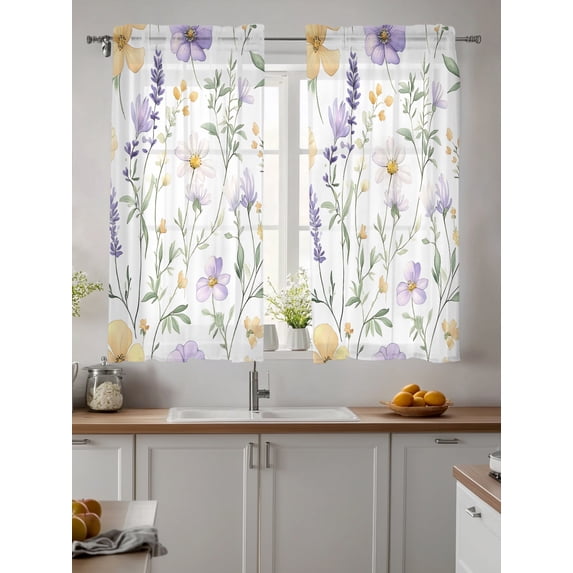Purple Yellow Floral Sheer Kitchen Tier Curtains 45 Inch length,Rod Pocket Half Curtains & Drapes,Watercolor Wildflowers Botanical Light Filtering Cafe Bathroom Window Treatments 2 Pcs 27.5"W x 45"L