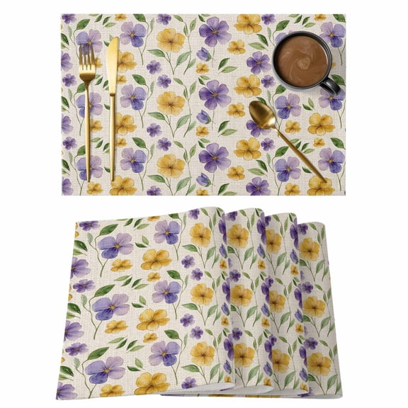 Purple Yellow Flower Placemats Set of 2, Cotton Linen Fabric Place Mats, Vintage Botanical Pastoral Plant Washable Decorative Table Mats Protector for Home Kitchen Dining Wedding Party Coffee Tables