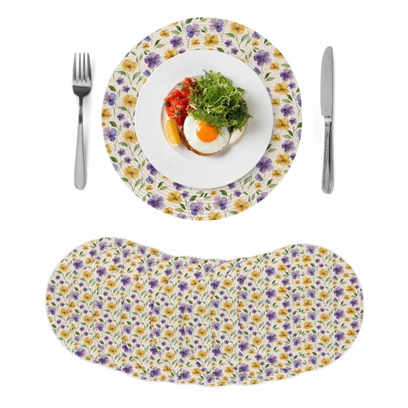 Purple Yellow Flower Round Placemats Set of 8 for Dinning Tables,Heat-proof Braided Table Mats 13 Inch,Vintage Botanical Pastoral Plant Washable Place Mat for Kitchen Restaurant Party Table Decor
