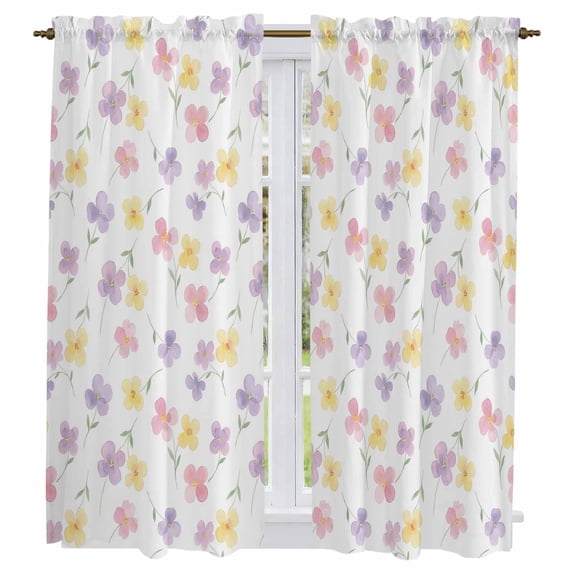 Purple Yellow Flowers Kitchen Curtains 63 Inch Length, Spring Floral Pink Botanical Farmhouse Tiers Curtains for Living Room Berdoom, Light Filtering Drapes Window Treatment 2 Panels 42"Wx63"L