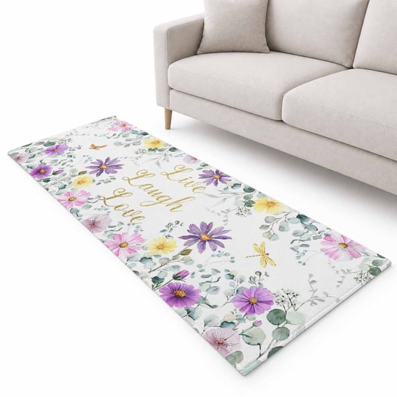 Purple Yellow Flowers Runner Rug 2'x6', Spring Floral Eucalyptus Leaf ...