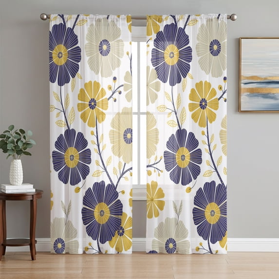Purple Yellow Flowers Sheer Curtains 63 Inch Length 2 Panels Set, Farmhouse Botanical Floral Voile Window Treatment Rod Pocket Curtains Sheers Drapes for Bedroom/Living Room/Kitchen 52x"63"x2