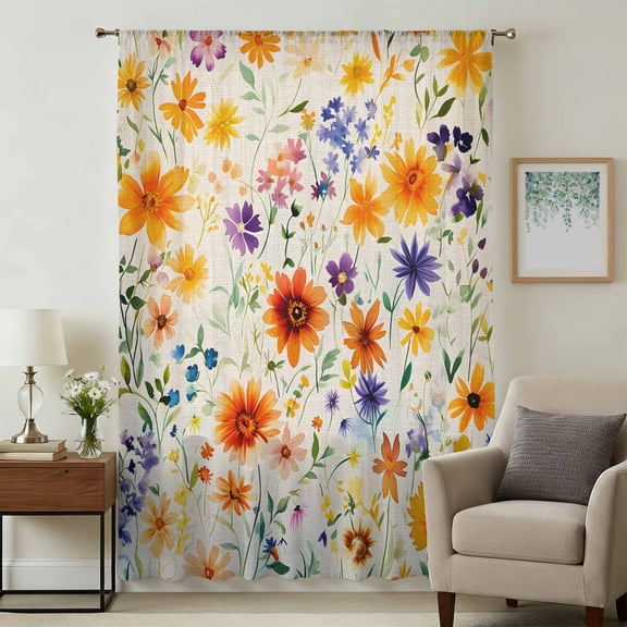 Purple Yellow Flowers Sheer Curtains 96 Inches Long, Retro Spring Pastoral Botanical Light Filering Curtains, Privacy Drapes Simi Floor to Veiling Curtain for Living Room Bedroom Window Treatment