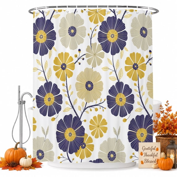 Purple Yellow Flowers Shower Curtain Set - 72" x 78" Washable Bathtub Curtain with 12 Hooks, Farmhouse Botanical Floral Waterproof Fabric Stall Shower Curtains for Bathroom/Bathtub Décor
