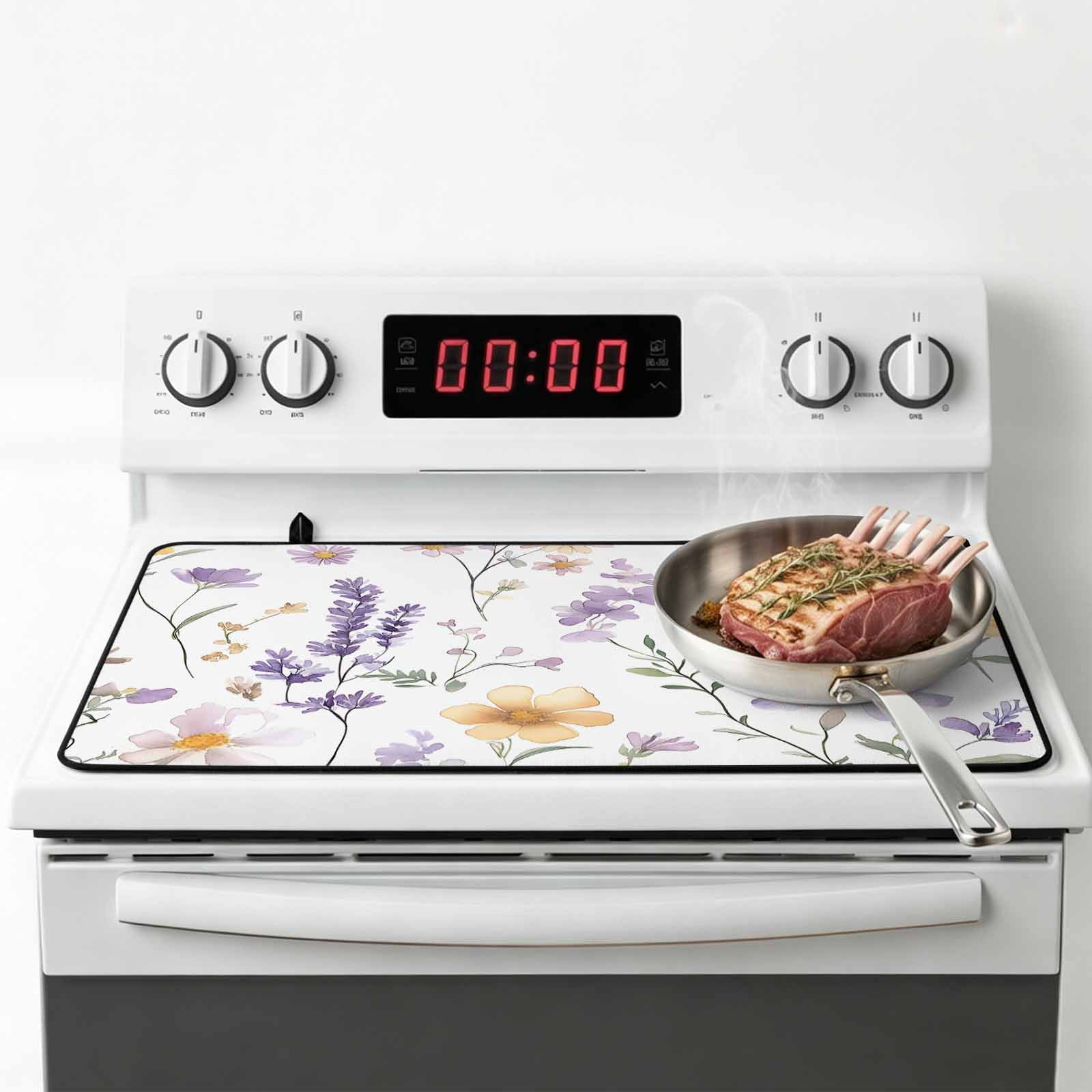 Purple Yellow Flowers Stove Top Cover for Electric Stove, Heat-proof & Non Slip Glass Top Stove Cover Protector, Spring Pastoral Botanical Floral Kitchen Flat Cooktop Rubber Mat 24x21 Inches