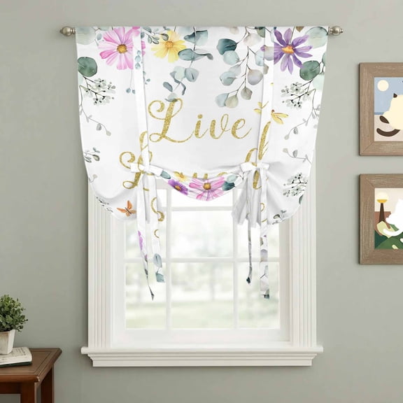 Purple Yellow Flowers Tie Up Curtain 45 Inches Long, Spring Floral Eucalyptus Leaf Laugh Love Live Balloon Style Kitchen Window Curtain Over Sink, Small Window Rod Pocket Curtain 34"x45"