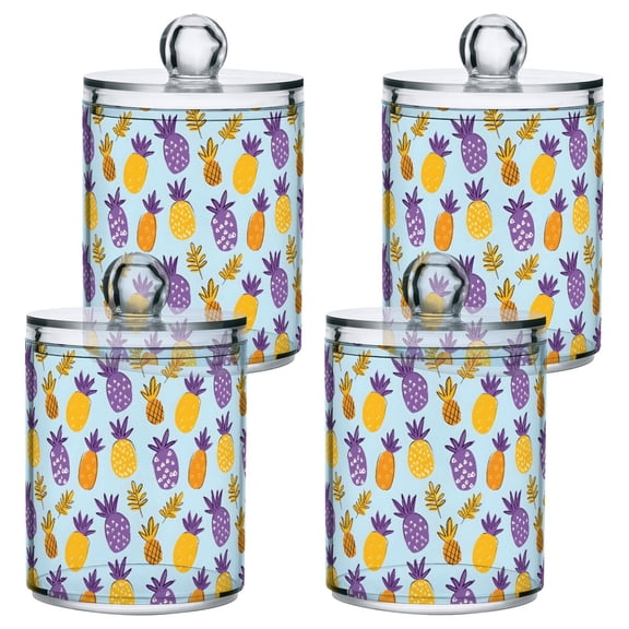 Purple Yellow Pineapple Pattern Plastic Storage Jar 4 Pack Clear Translucent Canisters Dustproof Lid
