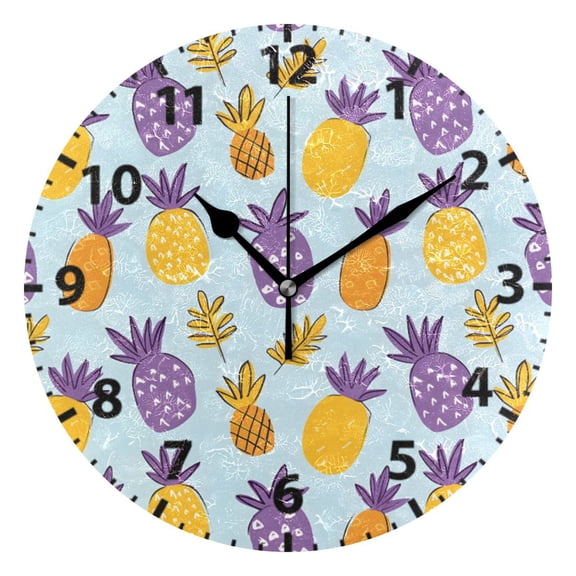 Purple Yellow Pineapple Pattern Wall Clock 10in Round Artistic Oil Painting Home Decor Desk Table Clock