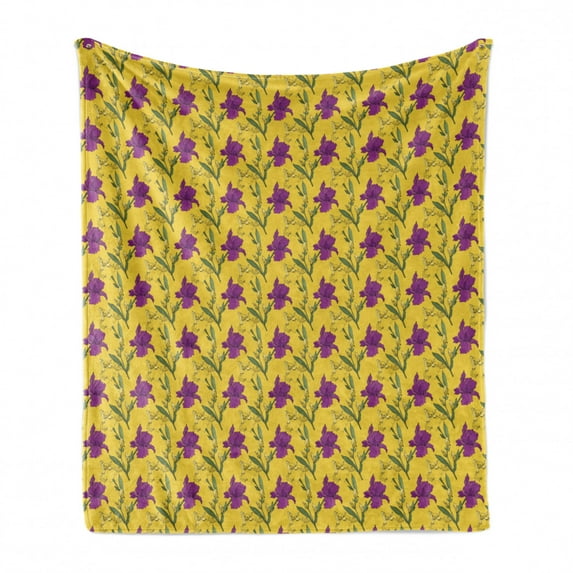 Purple and Yellow Soft Flannel Fleece Blanket, Ornamental Illustration of Symmetrical Floral Botanical Flower Twigs, Cozy Plush for Indoor and Outdoor Use, 50" x 60", Mustard Fuchsia, by Ambesonne
